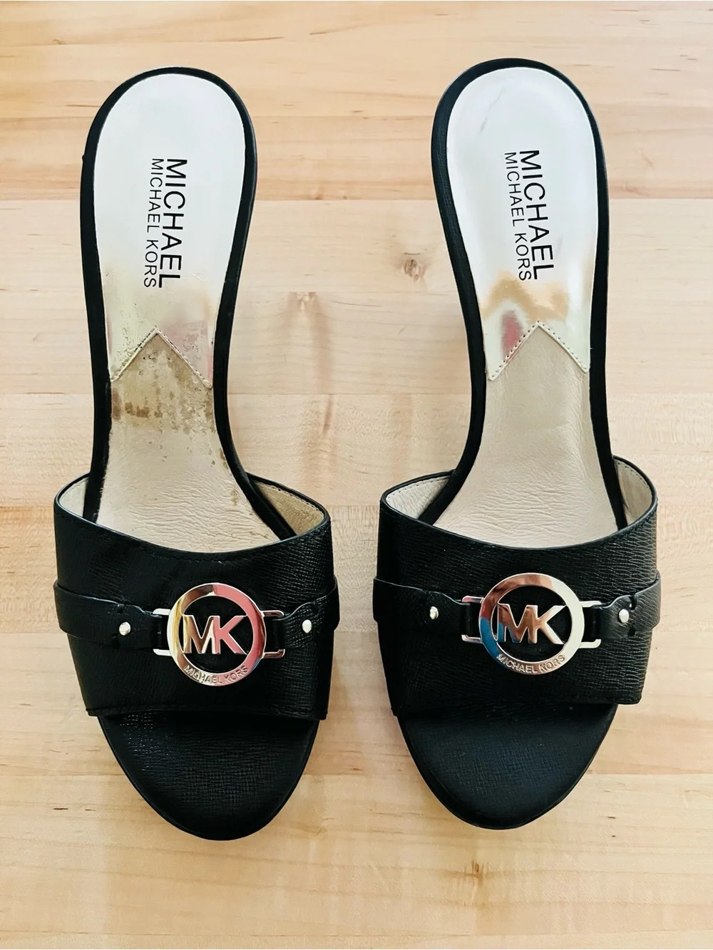 Michael Kors Black Slip-On Mules with Silver MK Emblem, Sz 7.5